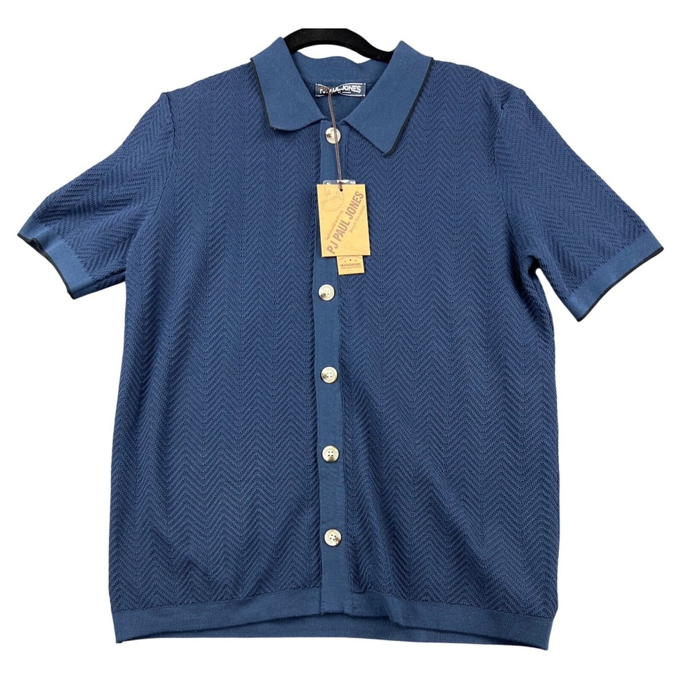 PJ Paul Jones Knit Polo Shirt Mens Medium Blue NWT Chevron Textured Button Down